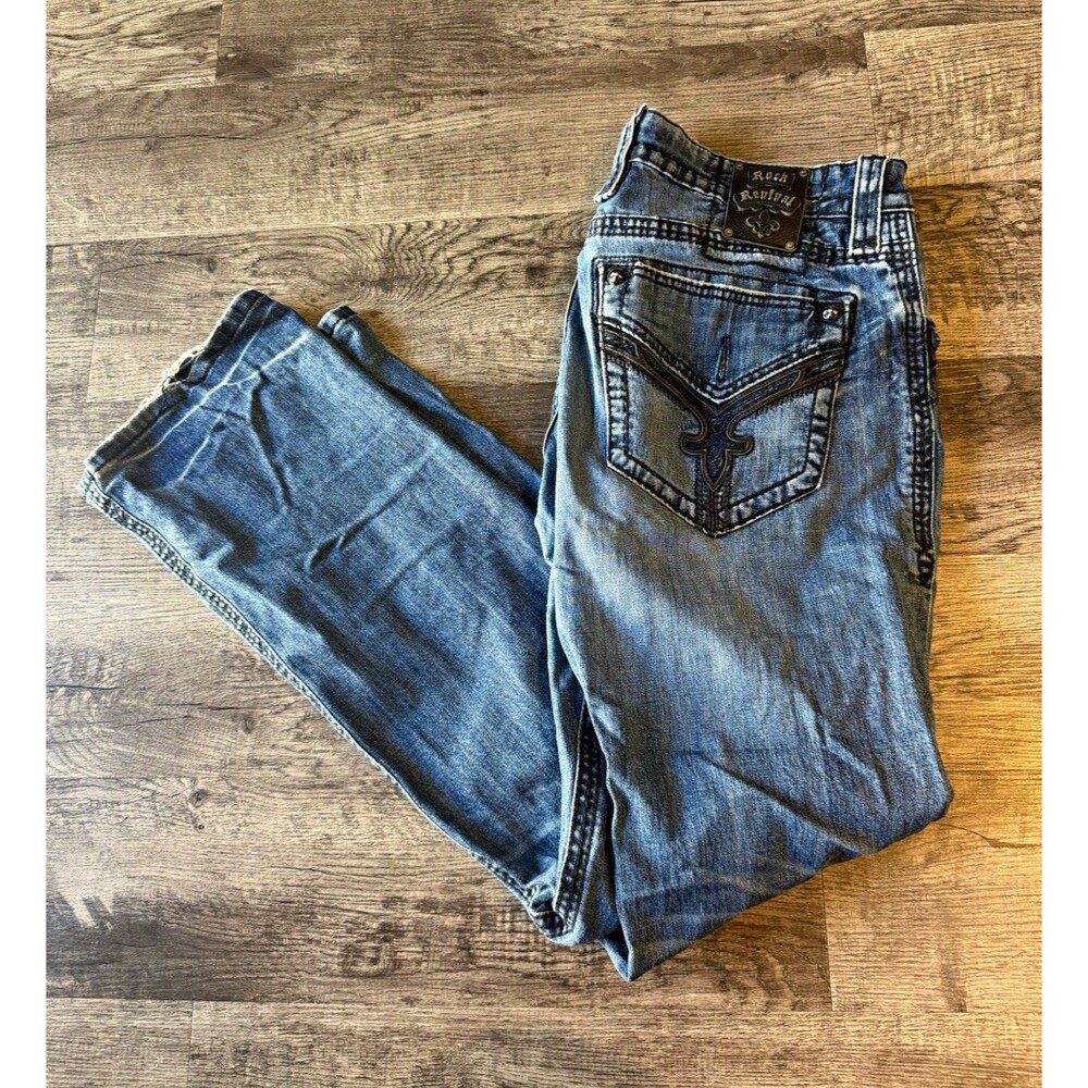 Rock Revival Chuck Straight Jeans Blue Heavy Stitch Distressed Mens Size 38x33